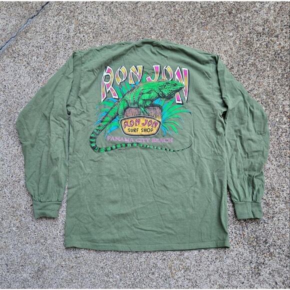 Vtg Y2k Ron Jon Surf Shop Lizard Graphic Longsleeve Surf T Shirt Green Large - Picture 1 of 5
